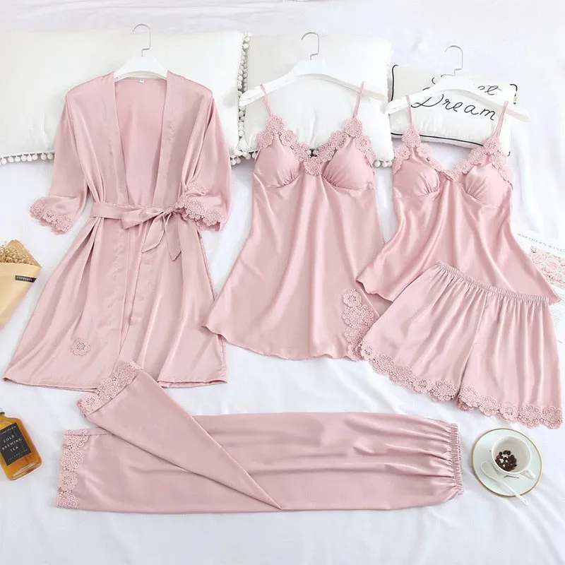 5PCS Pajamas Set Silk Satin Womens Lace Nightwear Spring Strap Pyjamas Suit Female Lounge Sleepwear with Chest Pads Home Wear