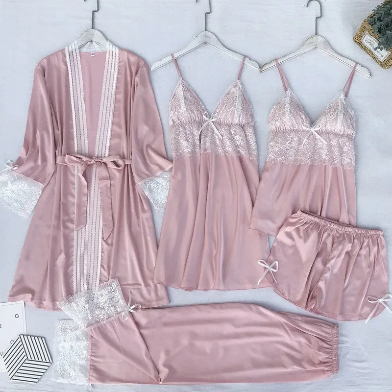 5PCS Pajamas Set Silk Satin Womens Lace Nightwear Spring Strap Pyjamas Suit Female Lounge Sleepwear with Chest Pads Home Wear