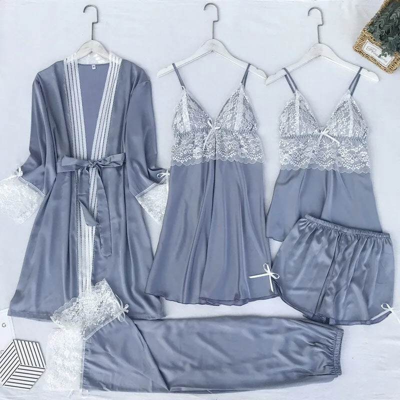 5PCS Pajamas Set Silk Satin Womens Lace Nightwear Spring Strap Pyjamas Suit Female Lounge Sleepwear with Chest Pads Home Wear