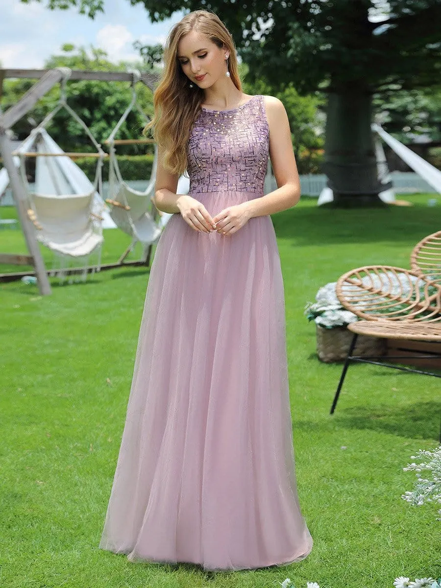 Adorable Round Neck Tulle Backless Evening Dress with Paillette