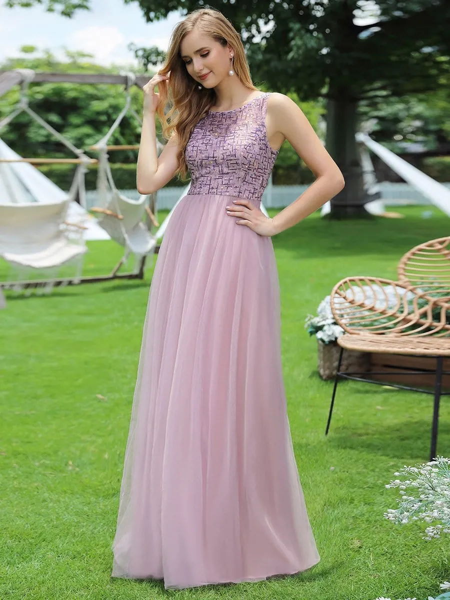 Adorable Round Neck Tulle Backless Evening Dress with Paillette