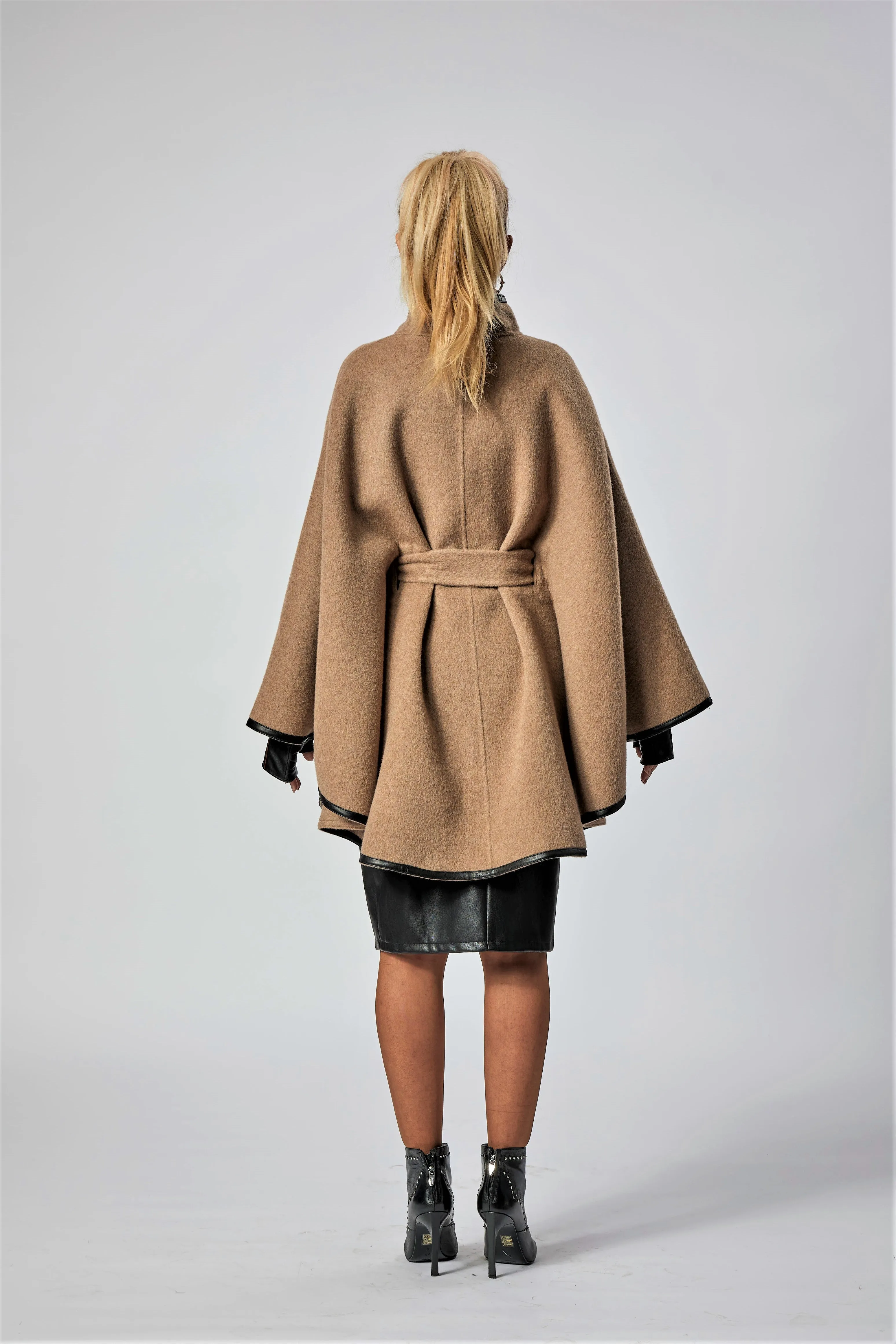 ALICE Beige Virgin Wool Belted Cape Poncho Coat Black Leather Trim