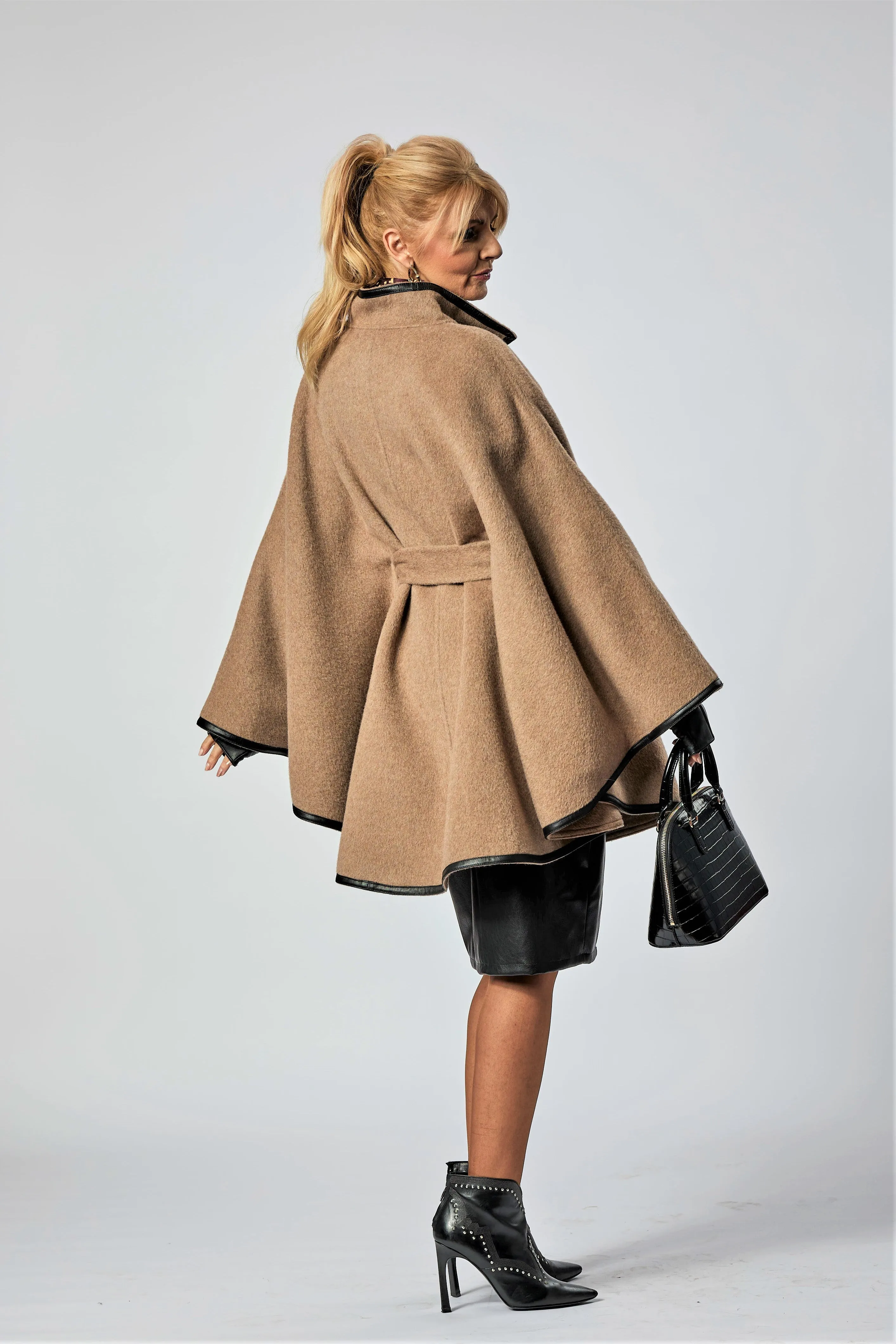 ALICE Beige Virgin Wool Belted Cape Poncho Coat Black Leather Trim