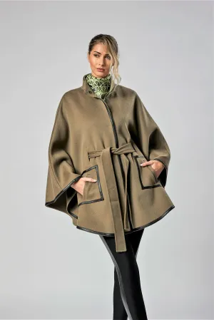 ALICE Olive Belted Cape Coat in Virgin Wool Cashmere Black Leather