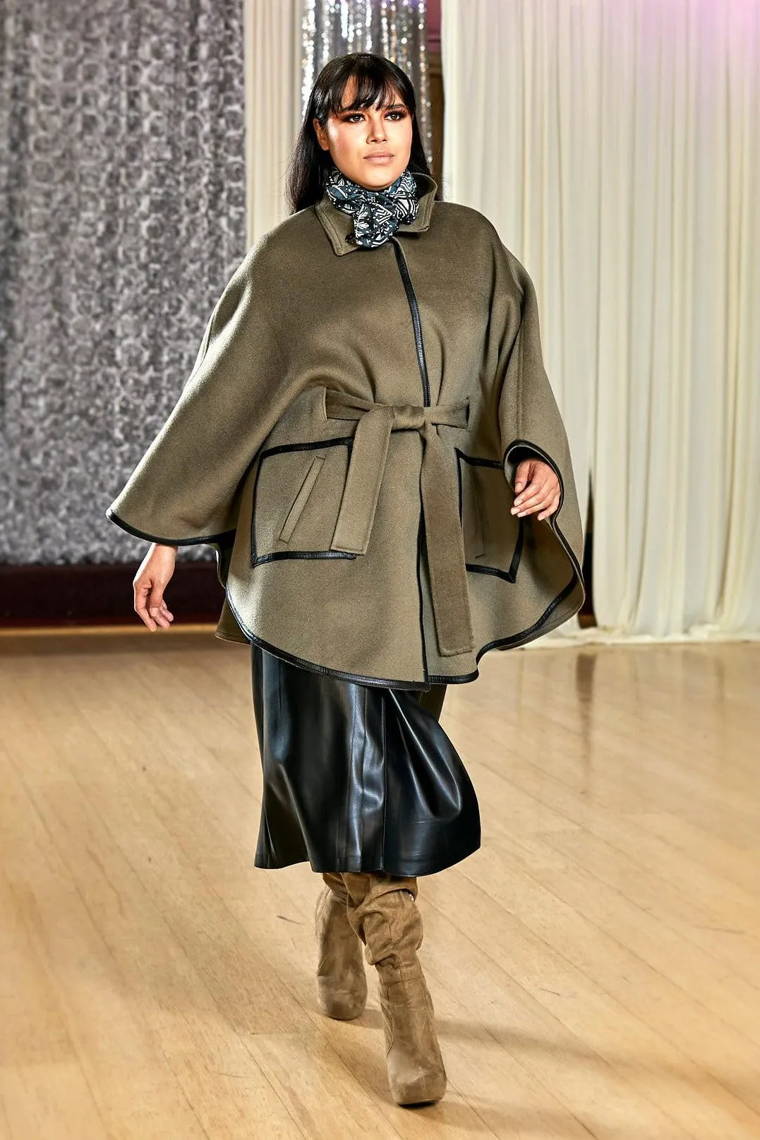 ALICE Olive Belted Cape Coat in Virgin Wool Cashmere Black Leather