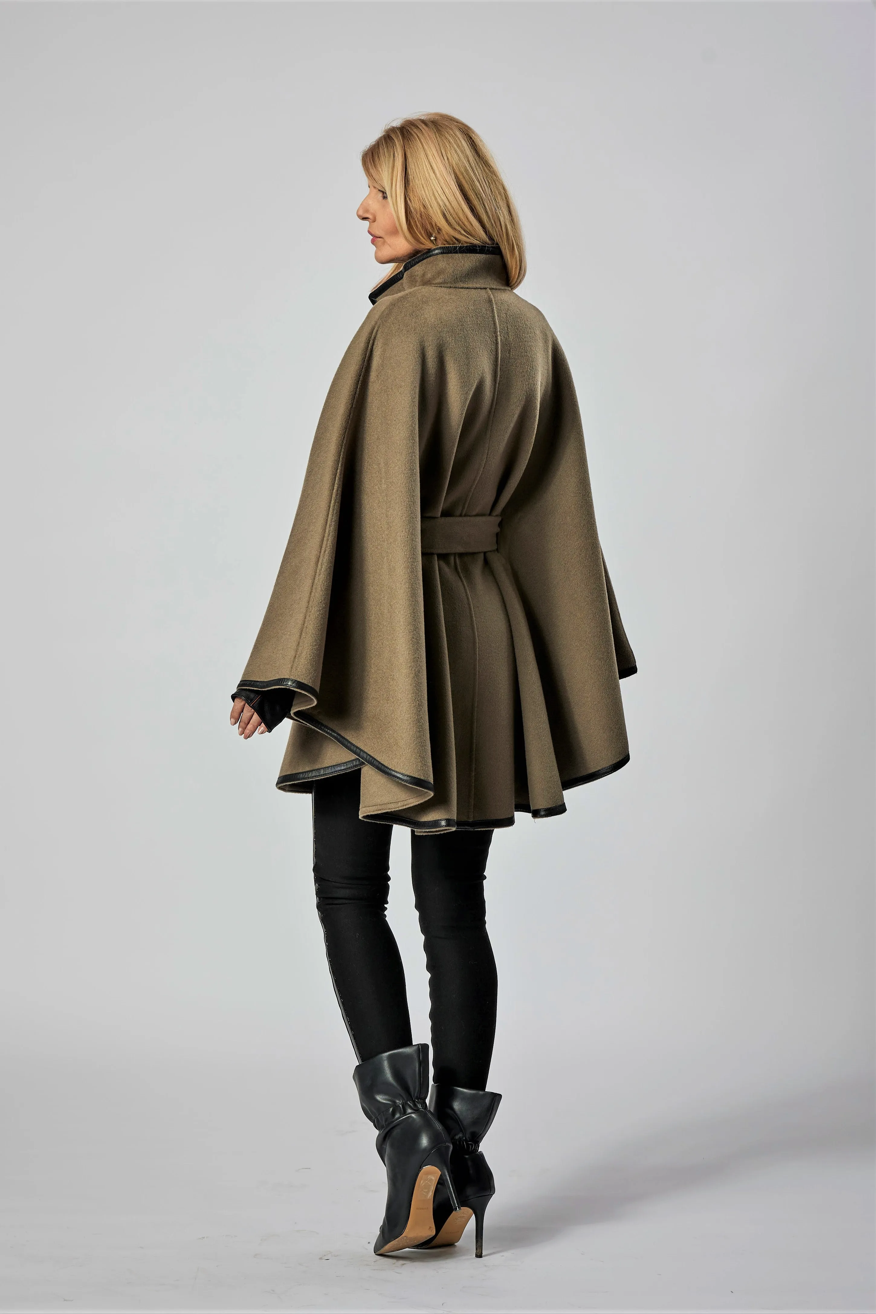 ALICE Olive Belted Cape Coat in Virgin Wool Cashmere Black Leather