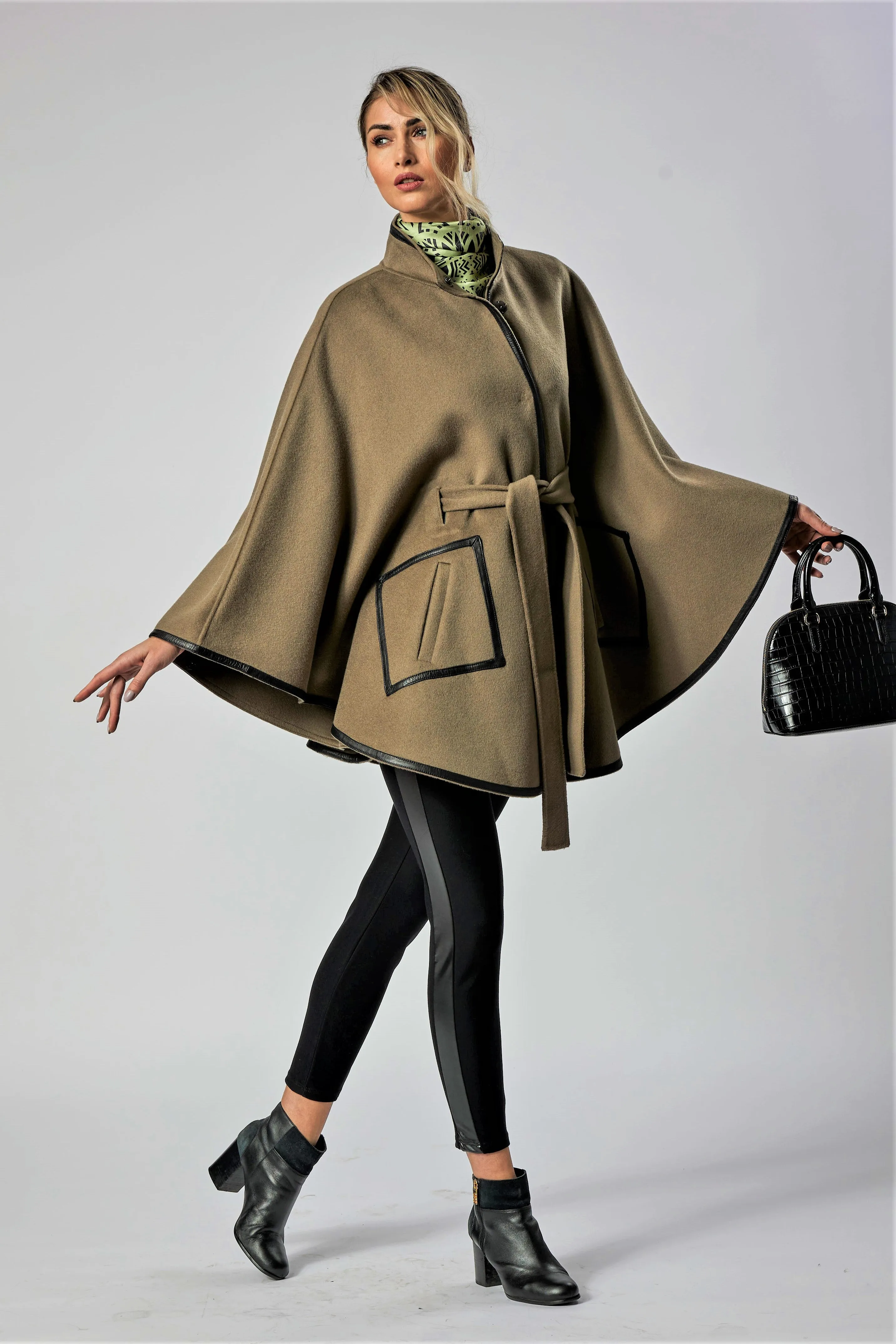 ALICE Olive Belted Cape Coat in Virgin Wool Cashmere Black Leather