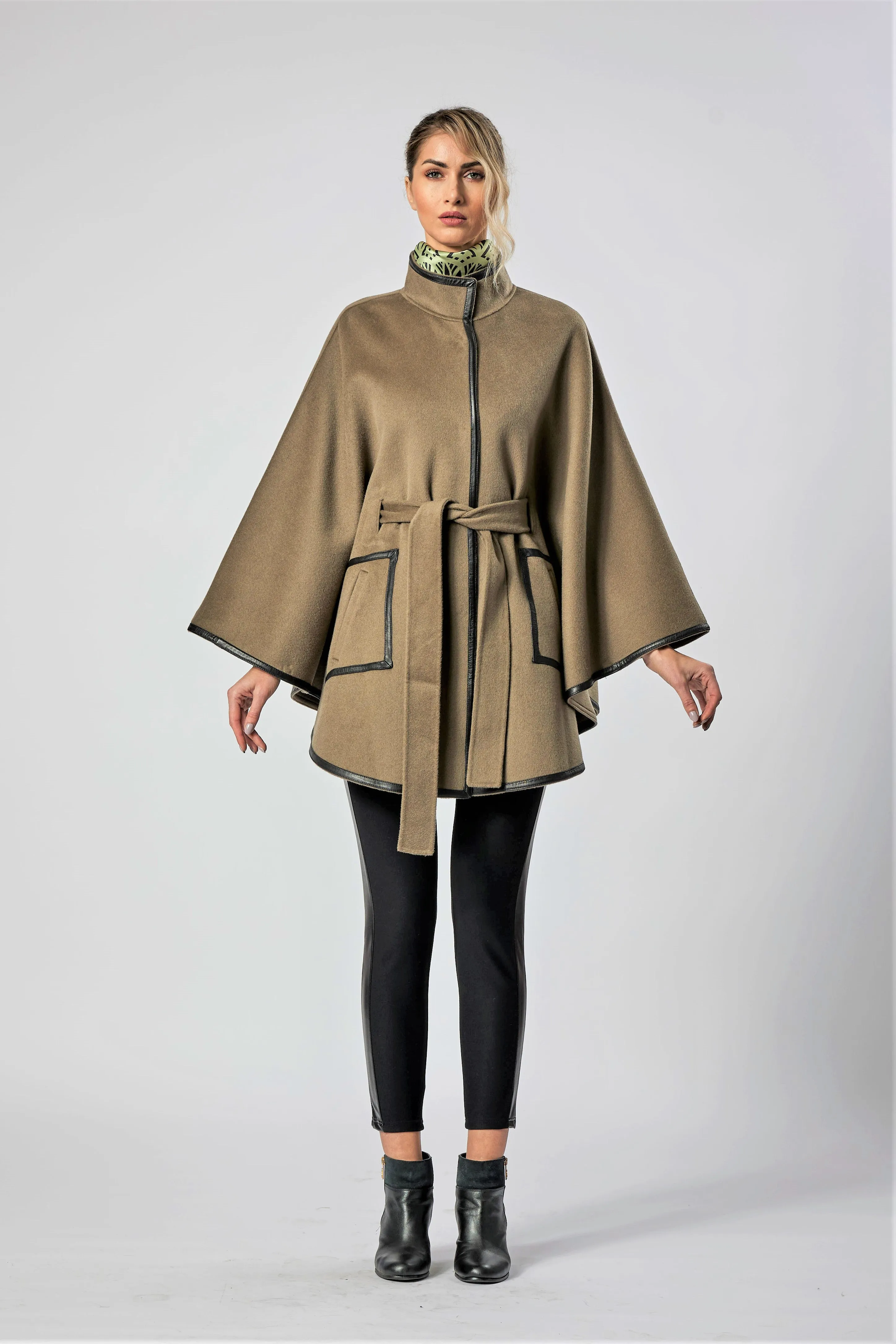 ALICE Olive Belted Cape Coat in Virgin Wool Cashmere Black Leather