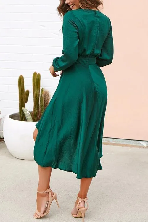 Bow Tie Deep V Neck Long Sleeve Dress