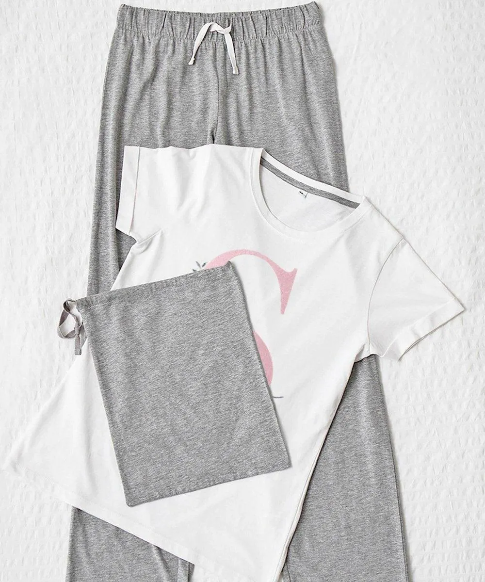 Bridal Pyjamas - Personalised Initial - Trousers & Top - Grey/White