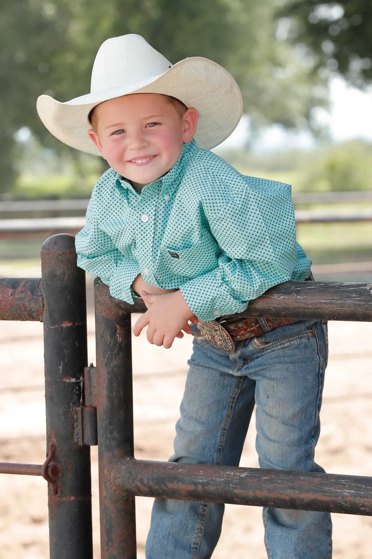 Cinch Youth Boy's L/S Classic Fit Geometric X Western Button Down Shirt in Turquoise