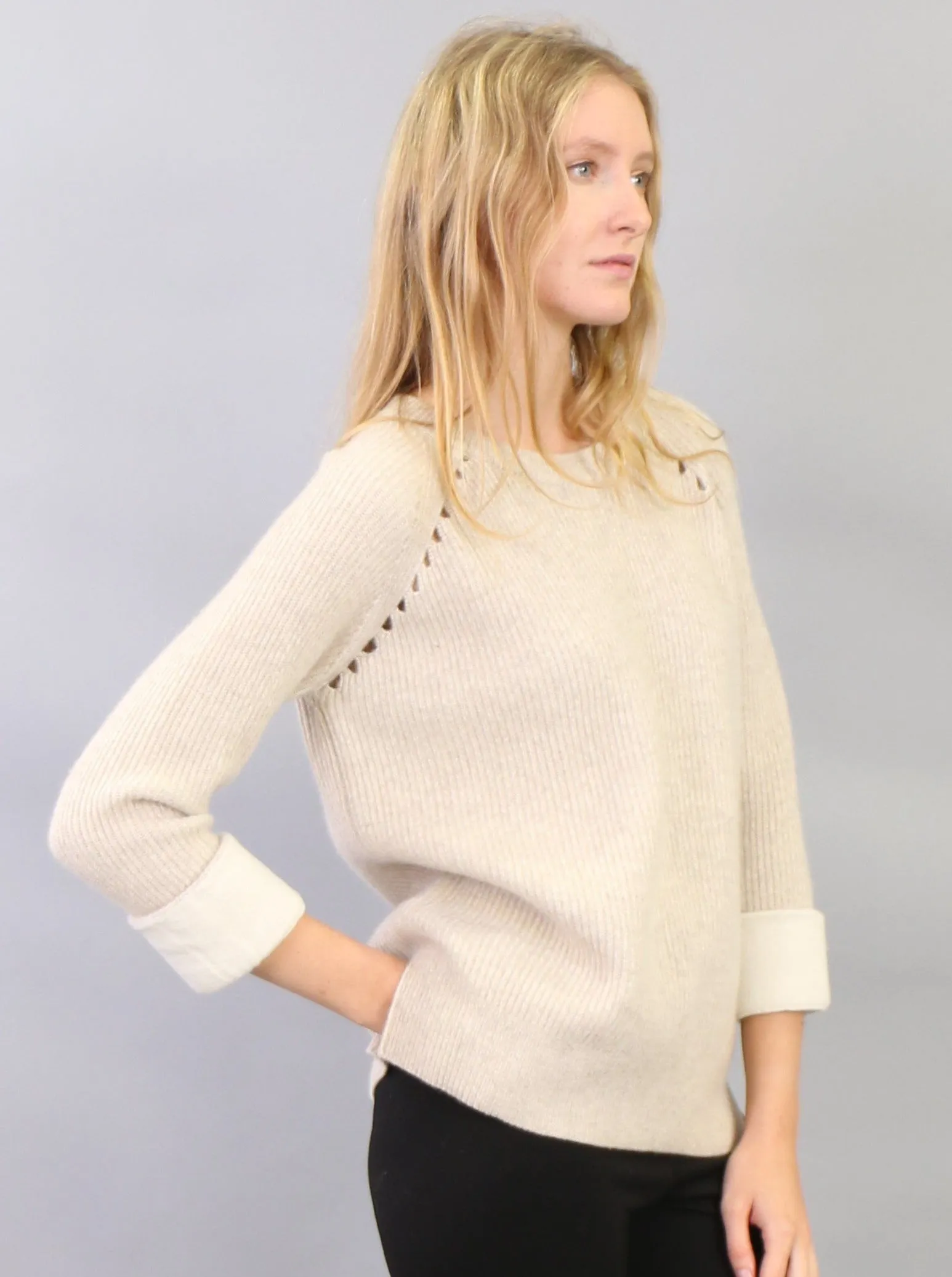 Contrast Roll-Over Cuff Crewneck Pullover