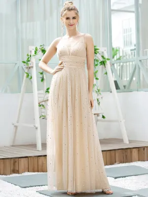 Cute Sleeveless V Neck Long Evening Dresses with Shiny Dot