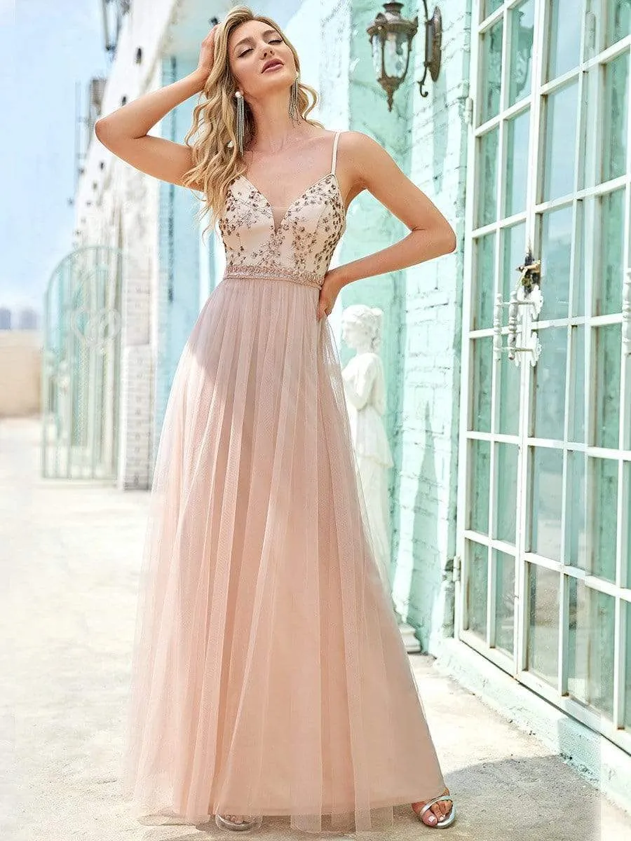 Elegant Beaded Top Spaghetti Strap Evening Gown