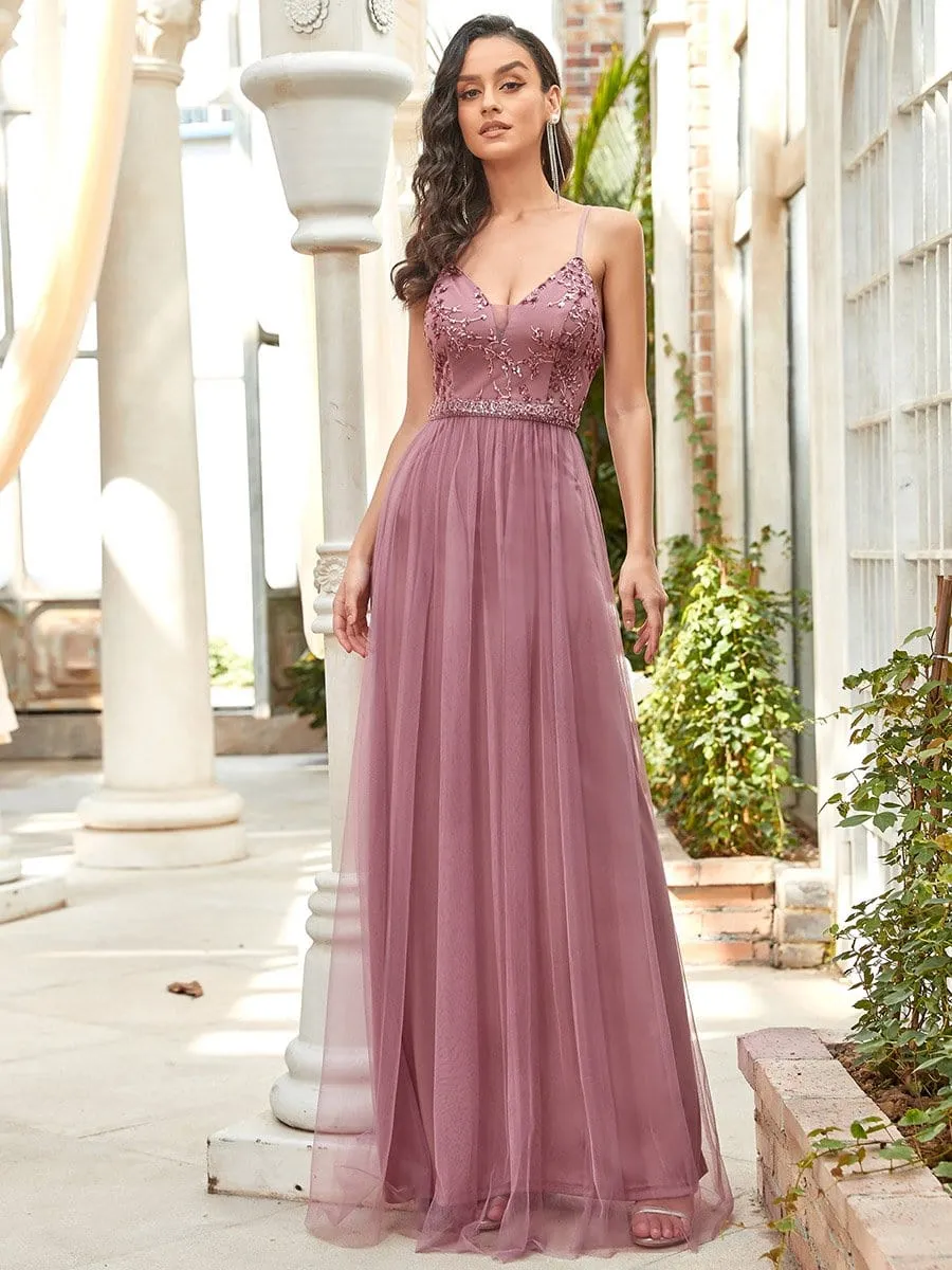 Elegant Beaded Top Spaghetti Strap Evening Gown