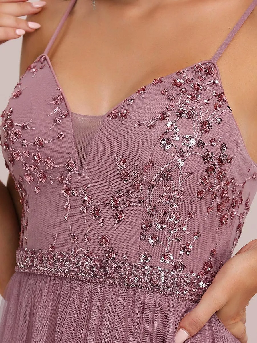 Elegant Beaded Top Spaghetti Strap Evening Gown