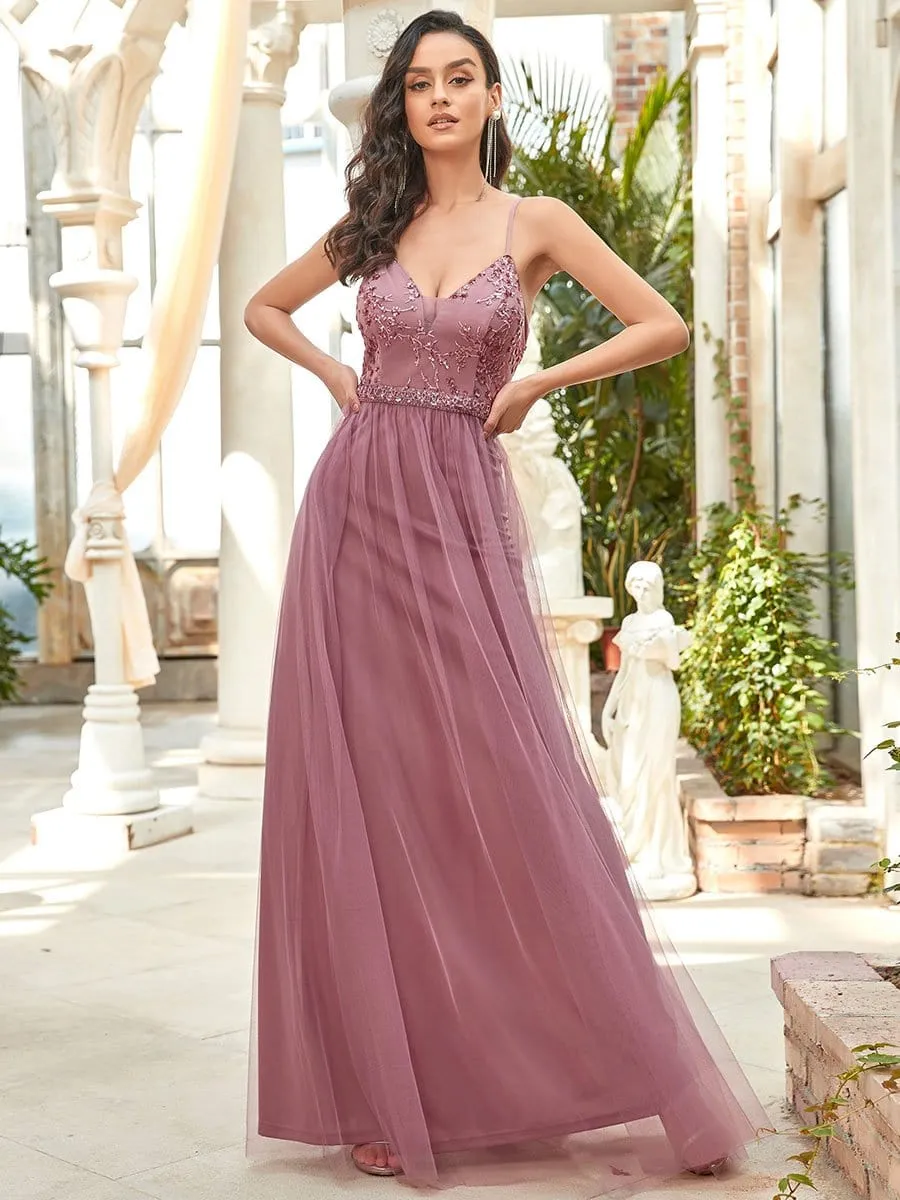 Elegant Beaded Top Spaghetti Strap Evening Gown