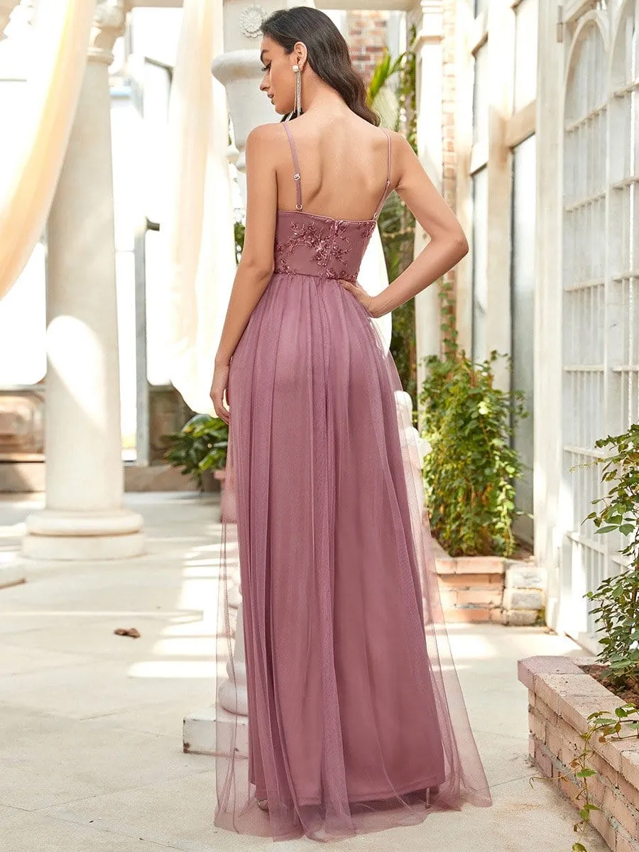 Elegant Beaded Top Spaghetti Strap Evening Gown