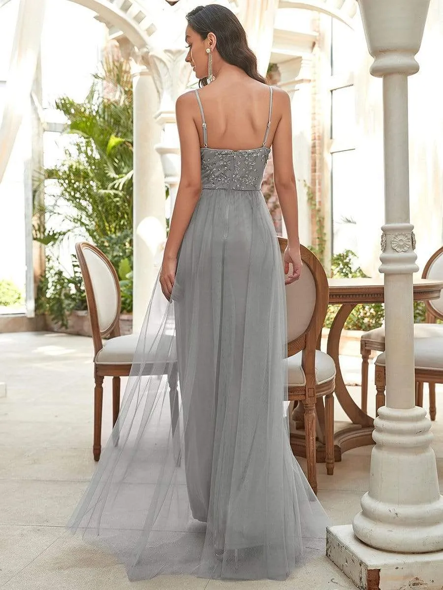 Elegant Beaded Top Spaghetti Strap Evening Gown