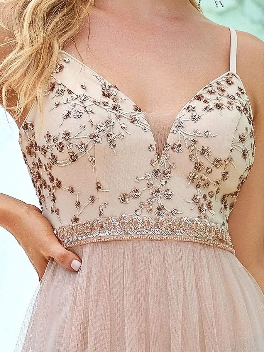 Elegant Beaded Top Spaghetti Strap Evening Gown