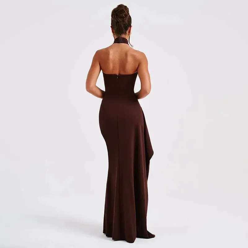 Elegant Long Asymmetrical Halter High Split Backless Spring Summer Maxi Dress