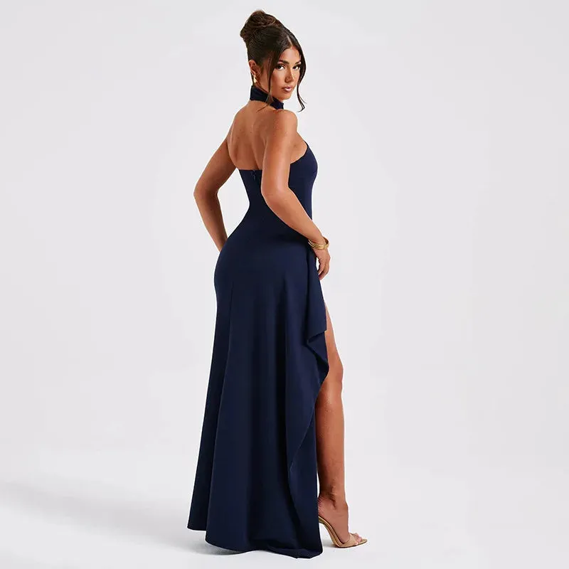 Elegant Long Asymmetrical Halter High Split Backless Spring Summer Maxi Dress