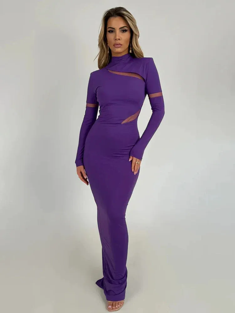 Elegant Long Slim Bodycon Hollow Out Nightclub Autumn Winter Maxi Dress