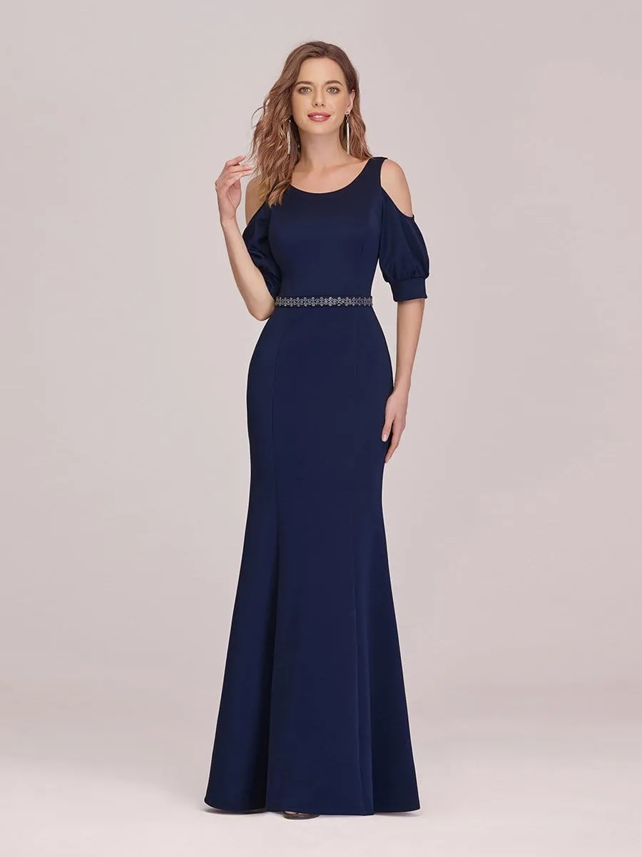 Fashion Round Neck Fishtail Maxi Evening Dress with Cold Shoulder