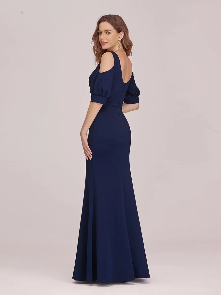 Fashion Round Neck Fishtail Maxi Evening Dress with Cold Shoulder