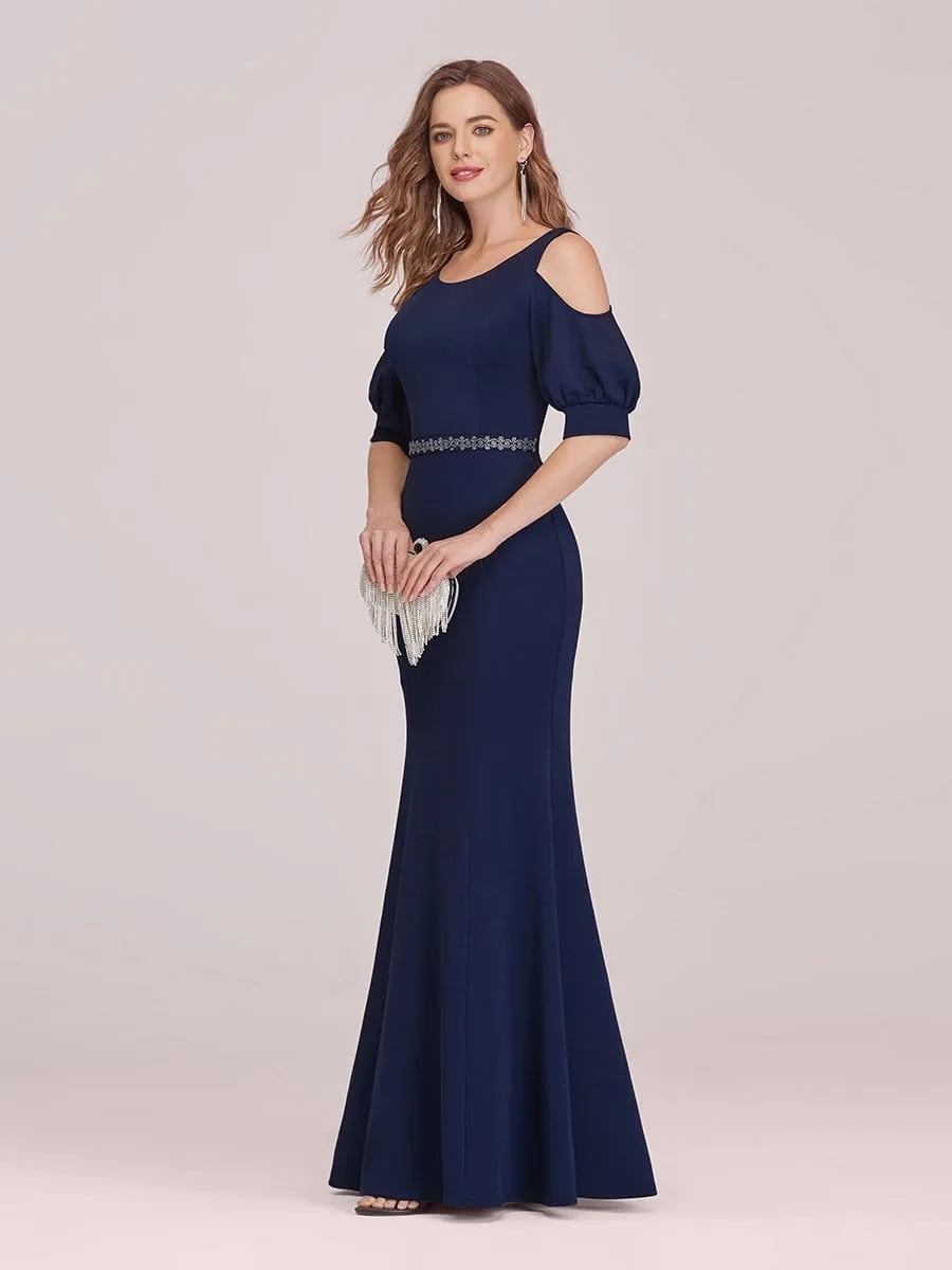 Fashion Round Neck Fishtail Maxi Evening Dress with Cold Shoulder