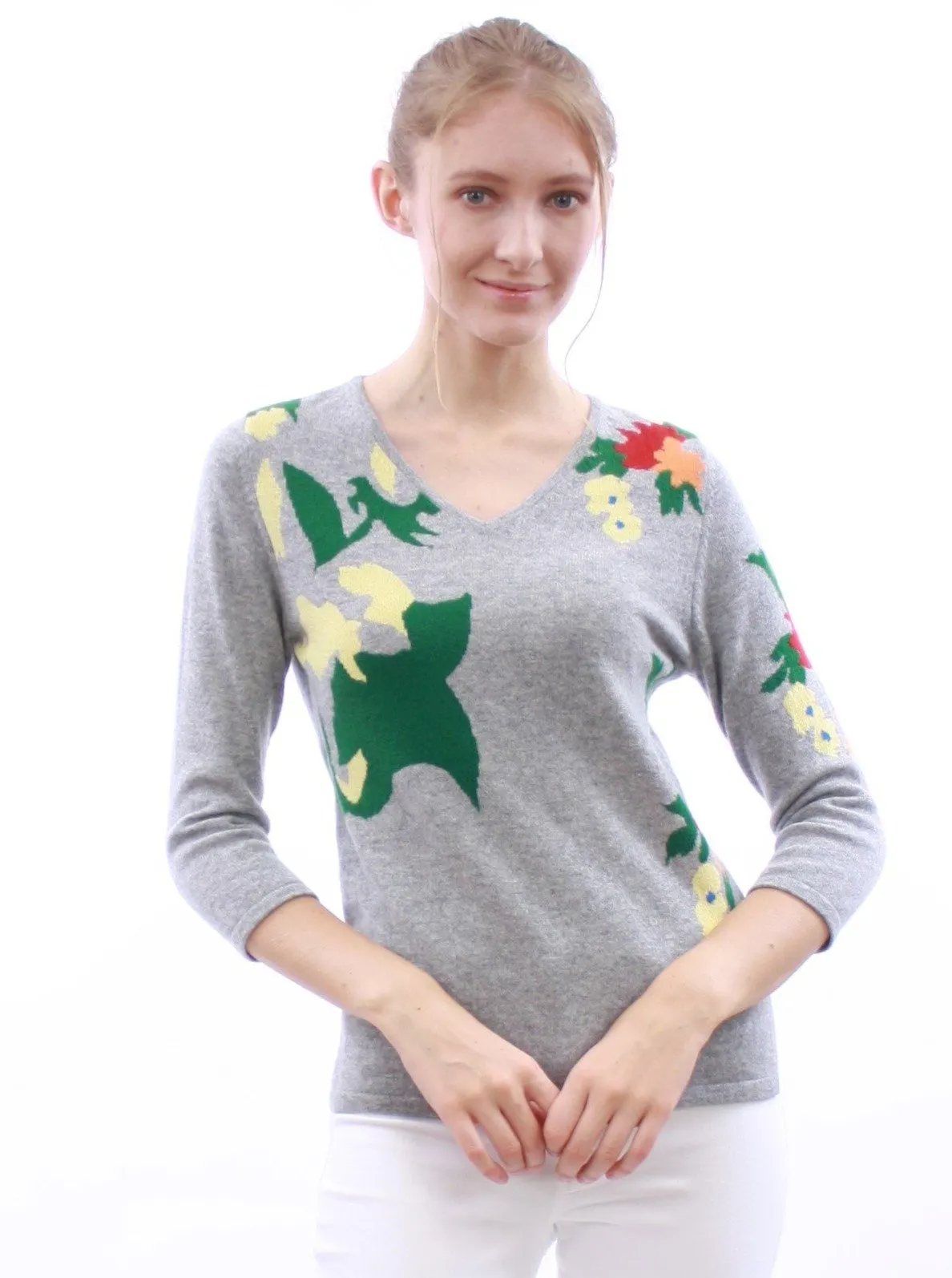 Floral-Intarsia V Neck