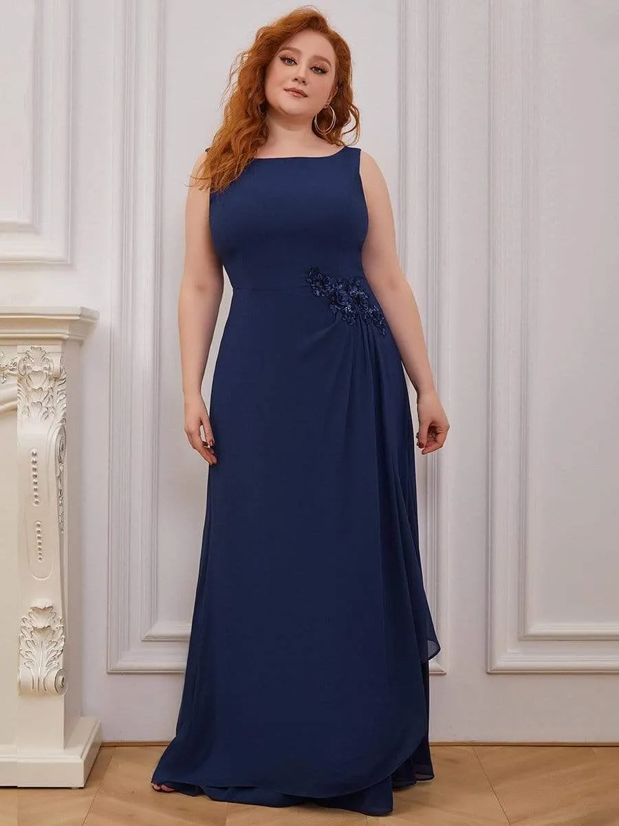 Flower Applique Sleeveless Floor-Length Pleated Formal Evening Dress