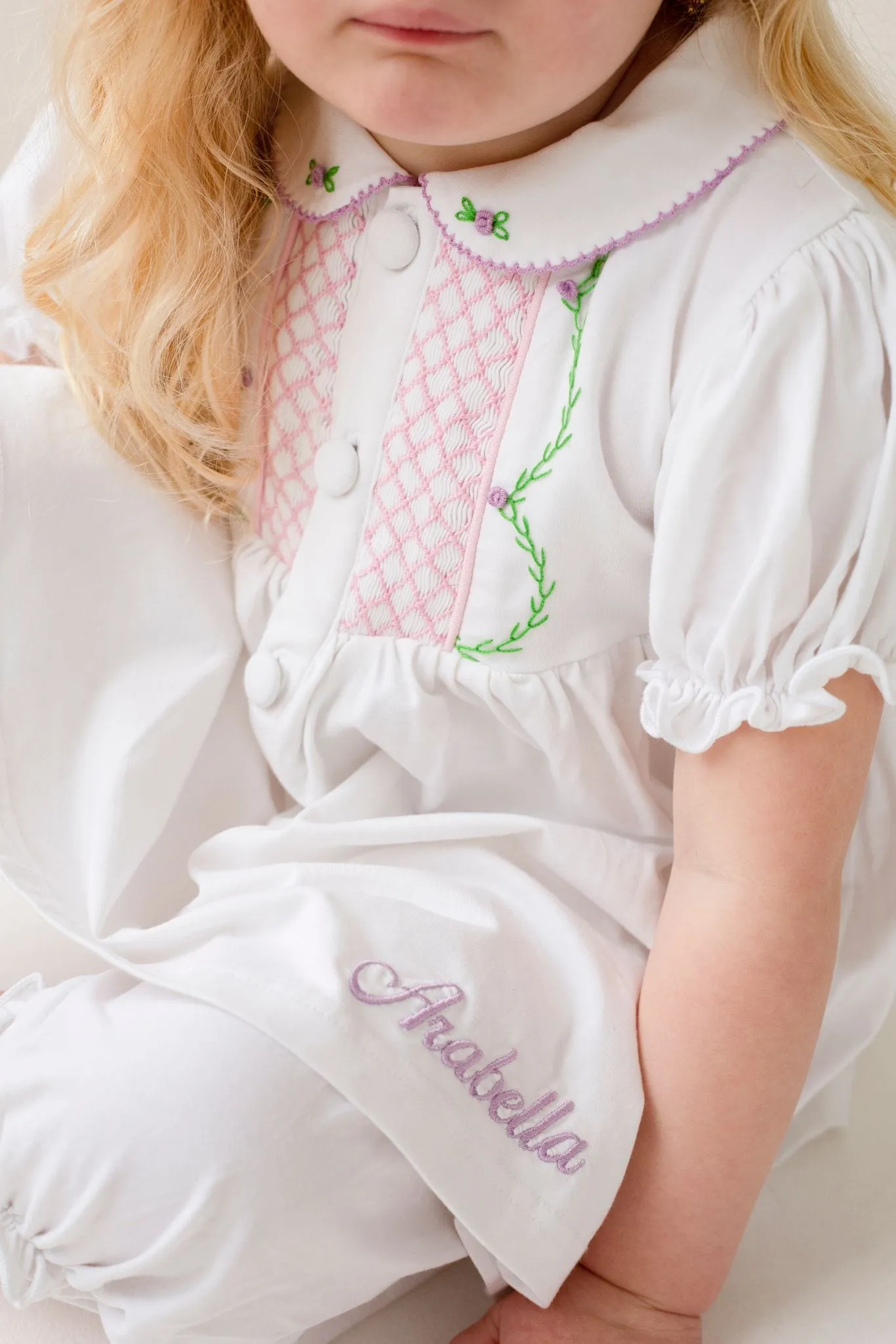 Girls White and Pink Smocked Pyjamas