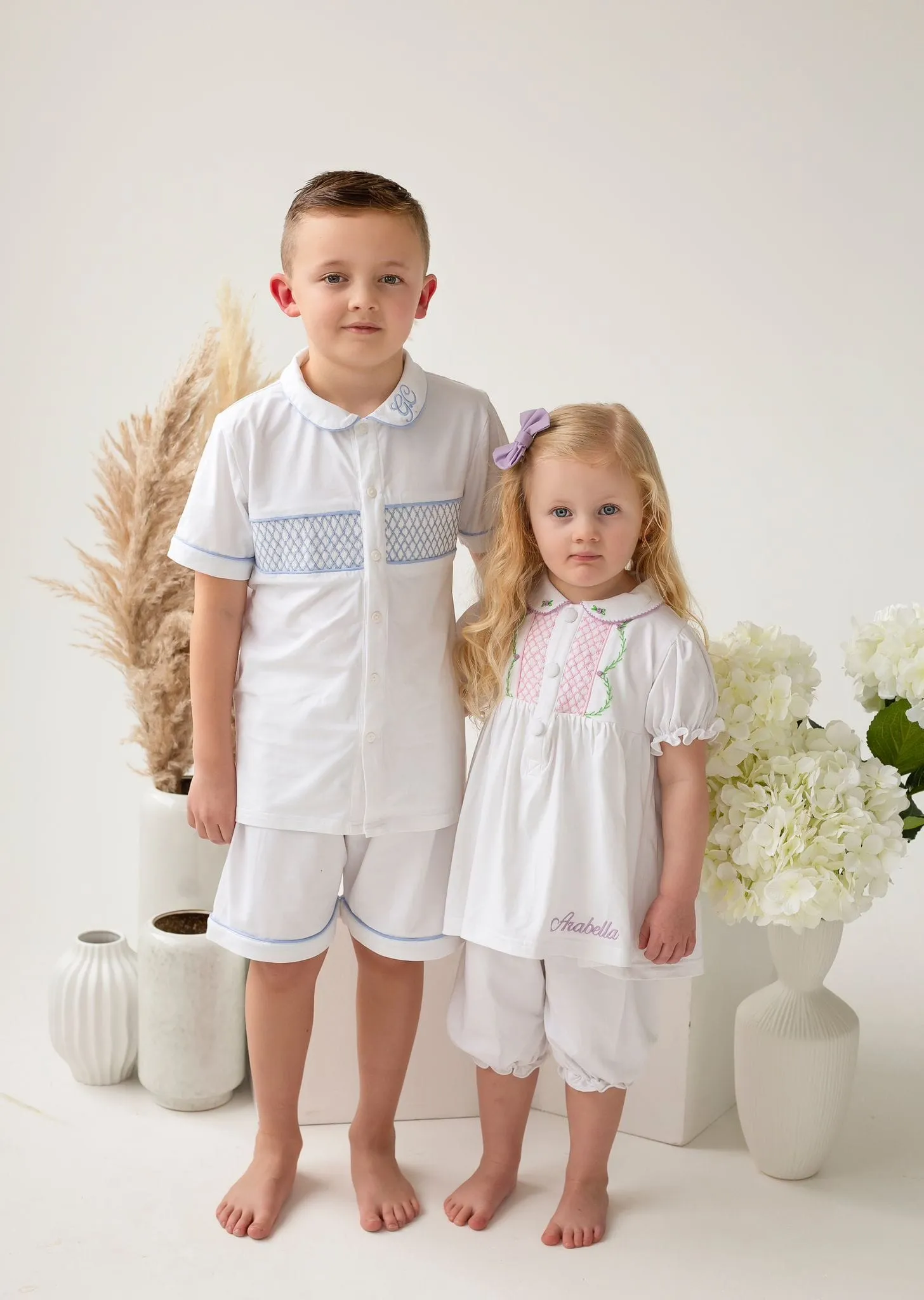 Girls White and Pink Smocked Pyjamas