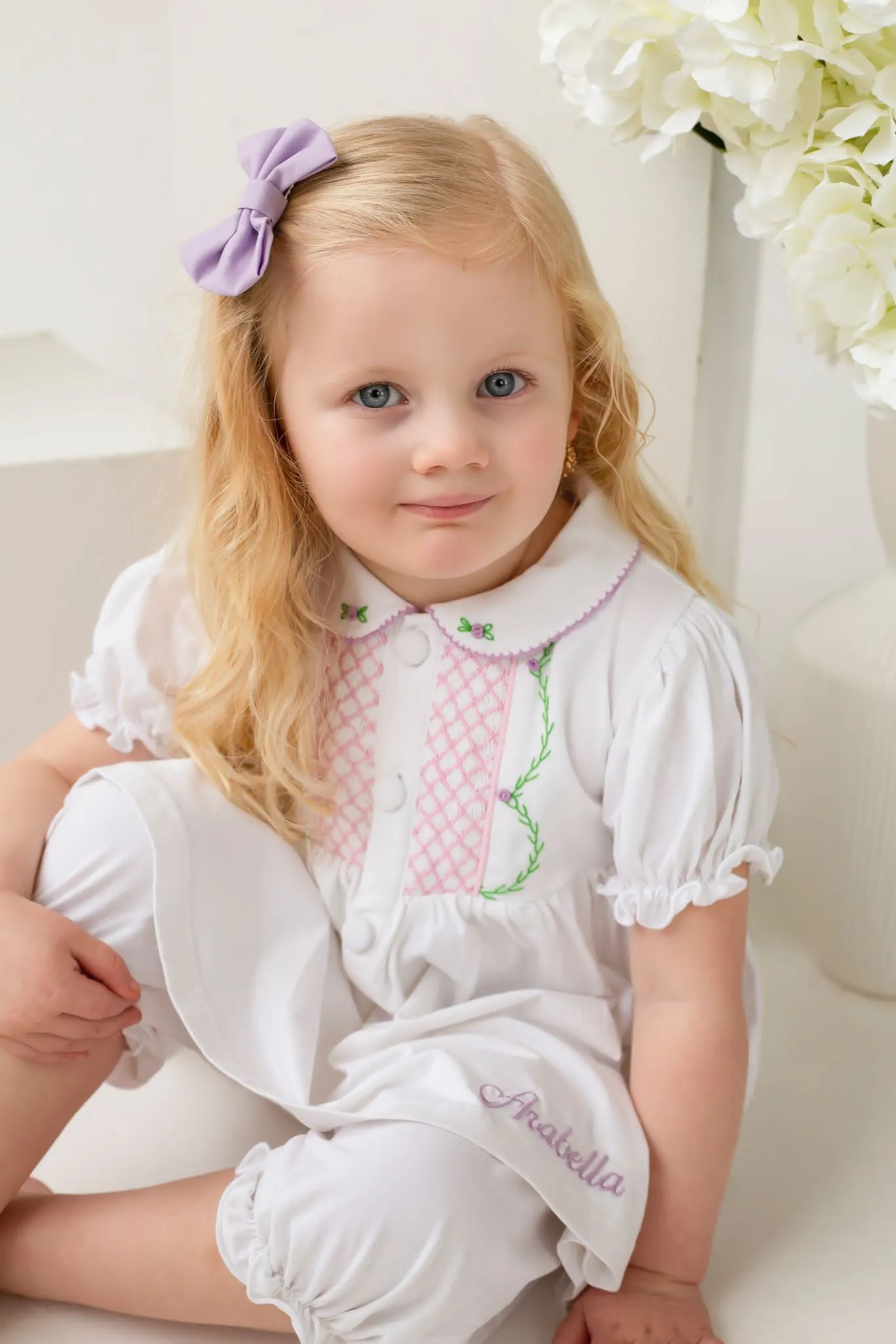 Girls White and Pink Smocked Pyjamas