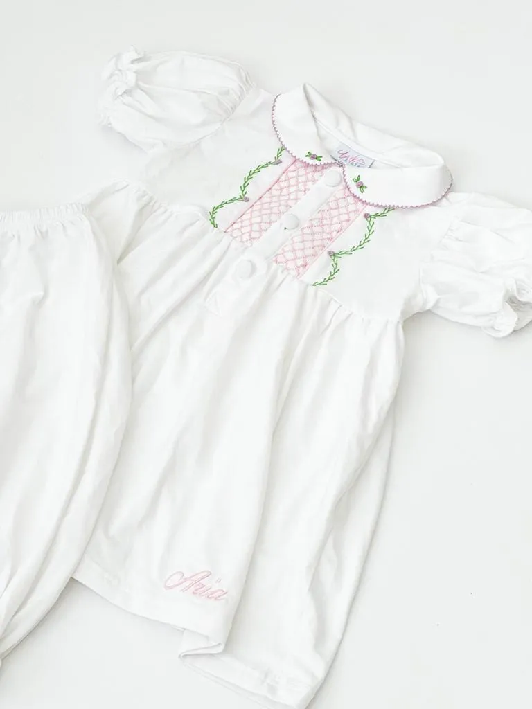 Girls White and Pink Smocked Pyjamas