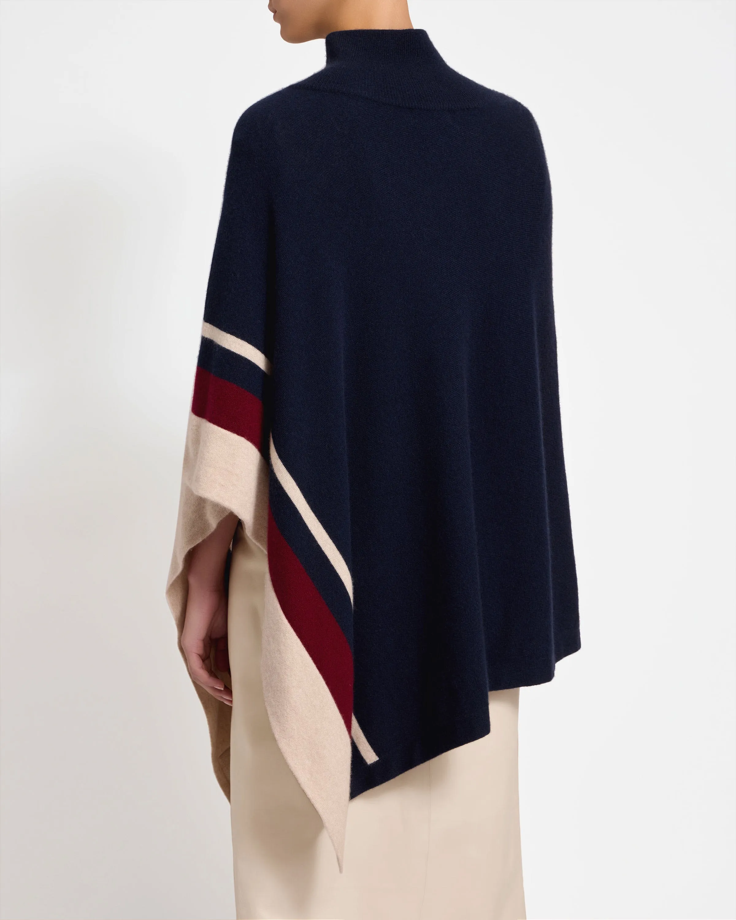 Islay Asymmetric Pure Cashmere Poncho - Striped Navy/Burgundy/Wheat