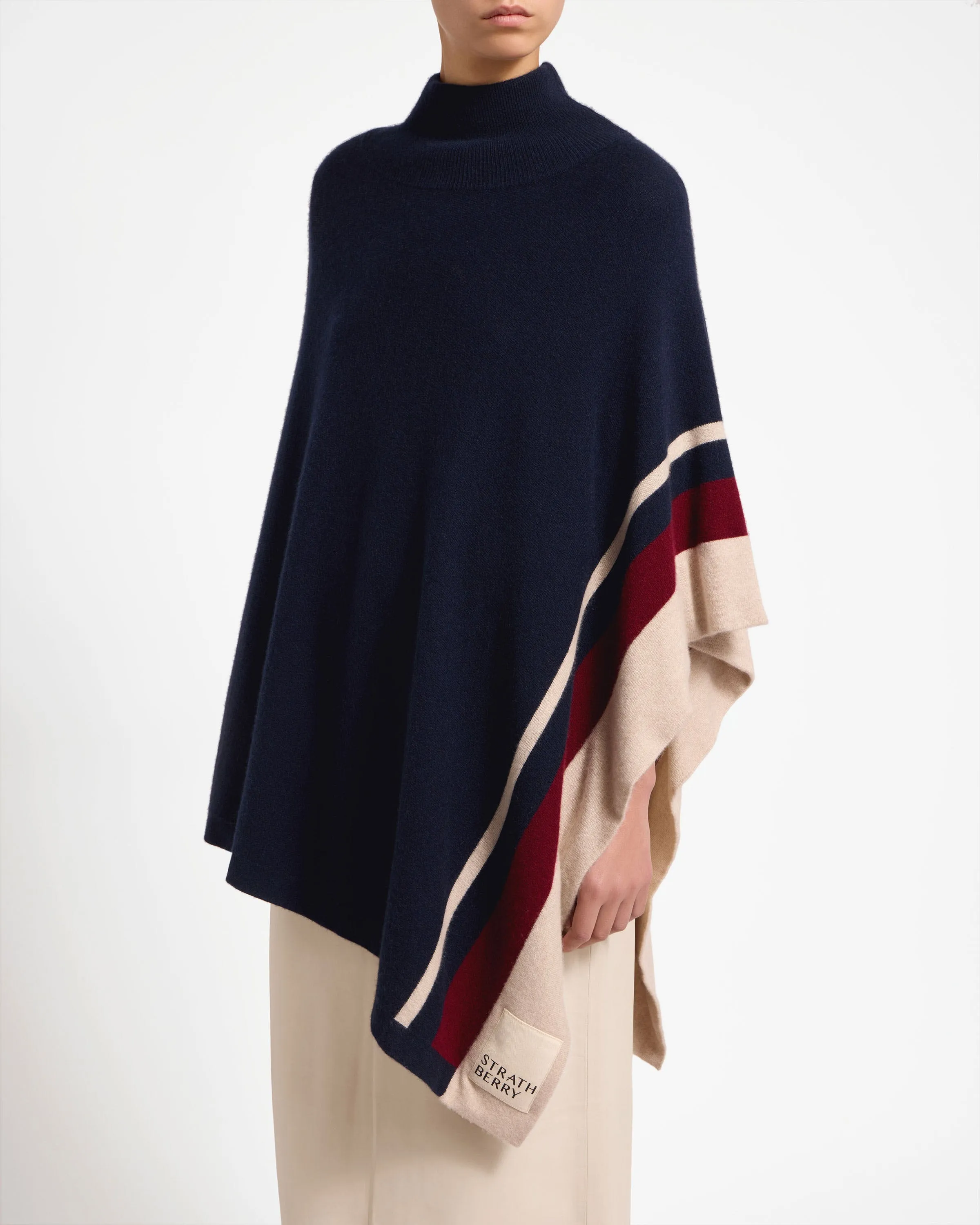 Islay Asymmetric Pure Cashmere Poncho - Striped Navy/Burgundy/Wheat