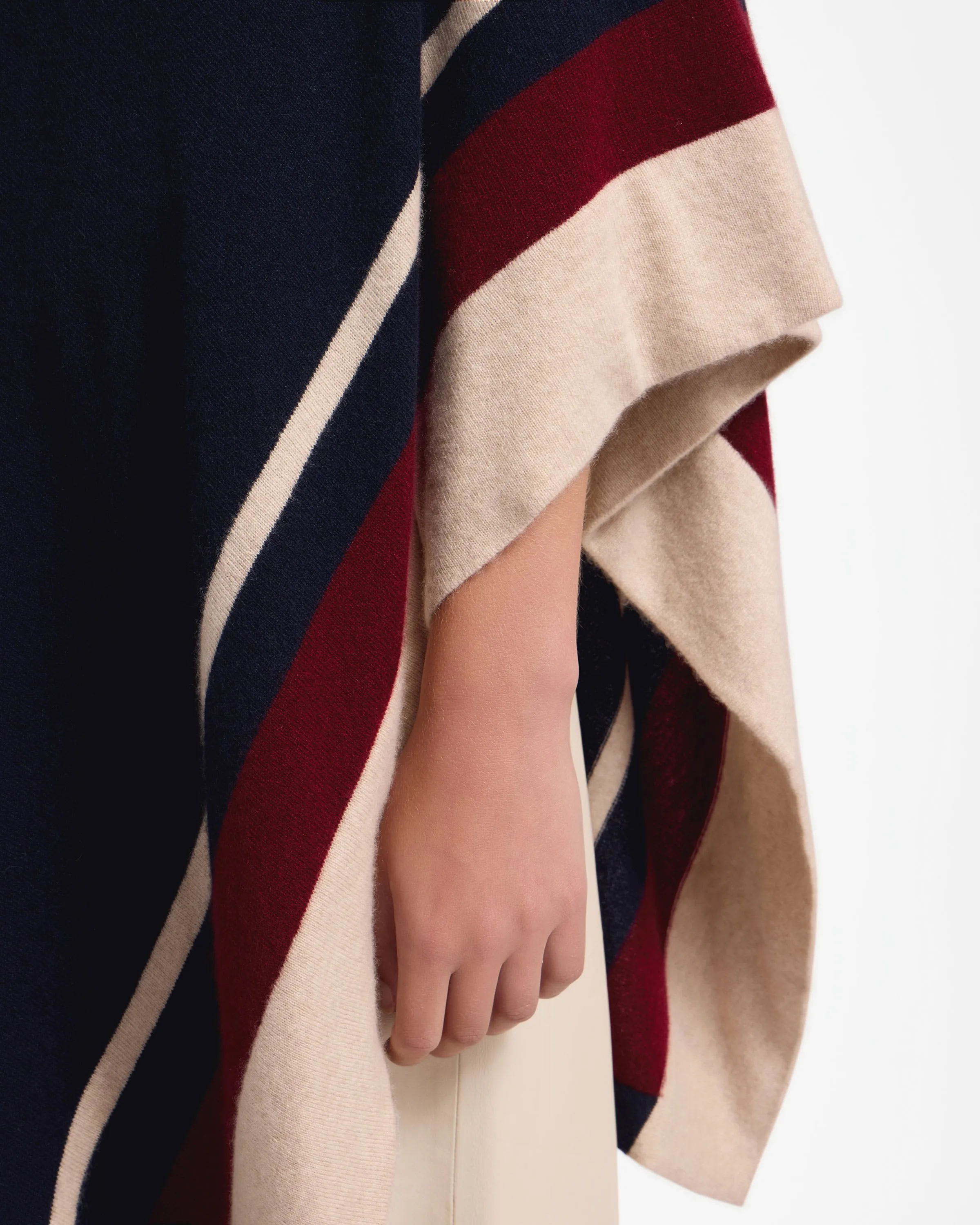 Islay Asymmetric Pure Cashmere Poncho - Striped Navy/Burgundy/Wheat