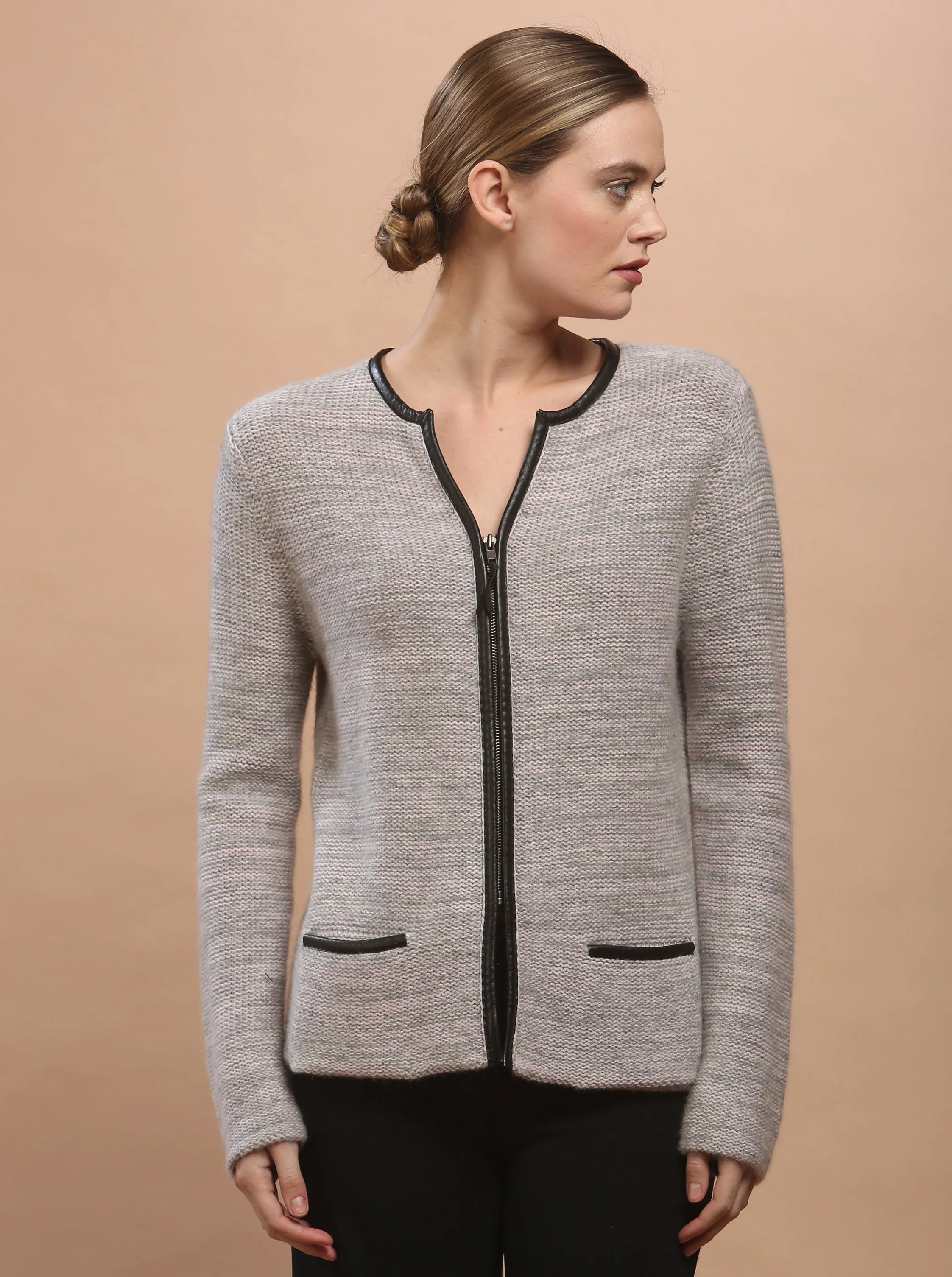 Leather Piping Zip Cardigan