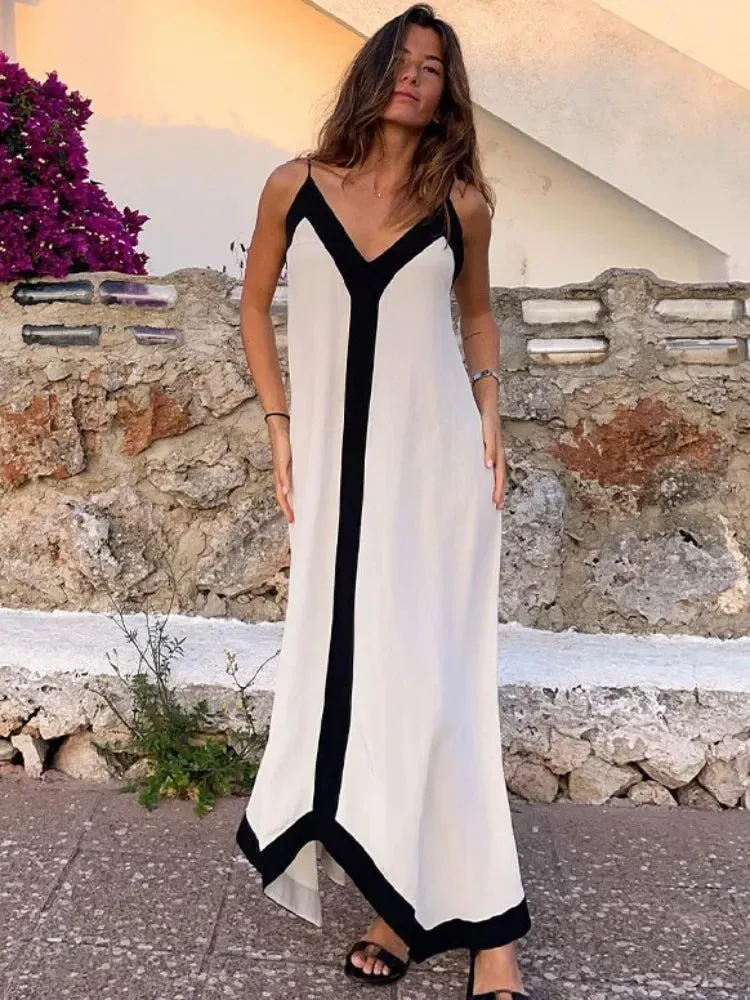 Maxi Maxi Sexy Color Neck Sundress Slim V Women Backless Block Dress Dress