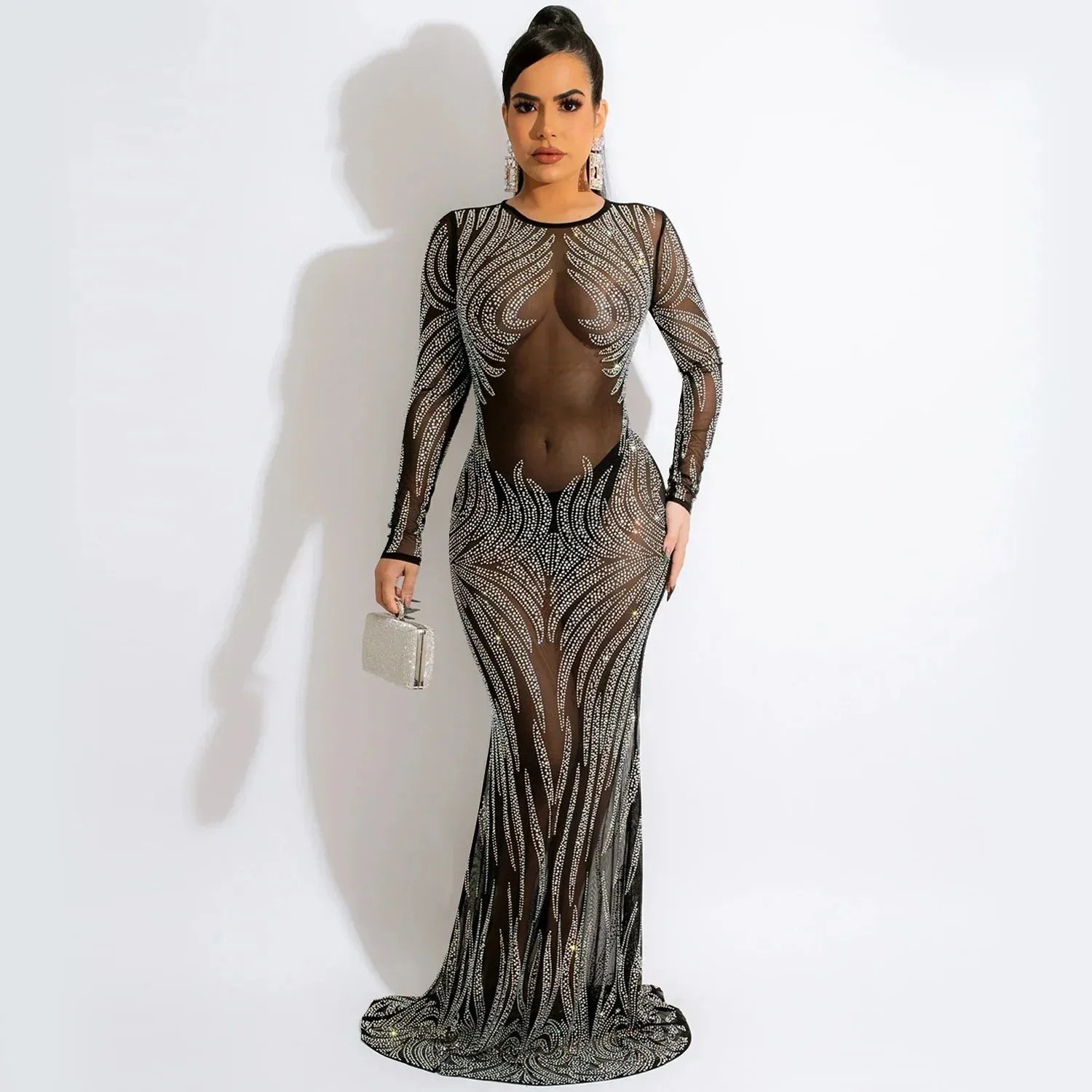 Mesh Women Autumn Maxi Long Sleeve Party Club Evening Sexy Dress Dress