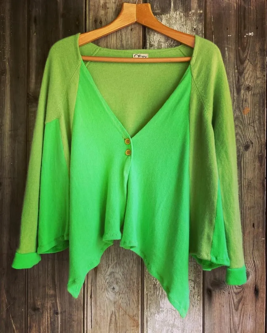 Nimpy Clothing Upcycled 100% cashmere lime green waterfall boxy cardigan medium/large