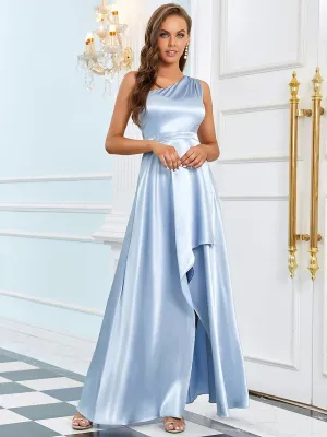 One-Shoulder Ruffle Slit Floor-Length Evening Dress