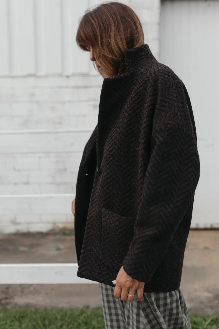 Portuguese Wool Pieper Coat in Black and Brown Herringbone - Pre-Order 12/31