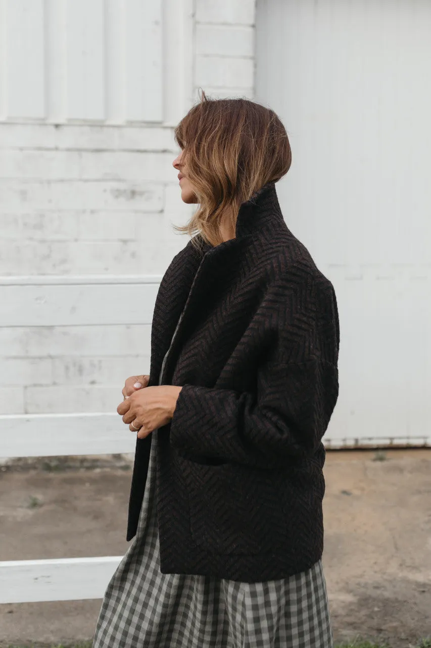 Portuguese Wool Pieper Coat in Black and Brown Herringbone - Pre-Order 12/31