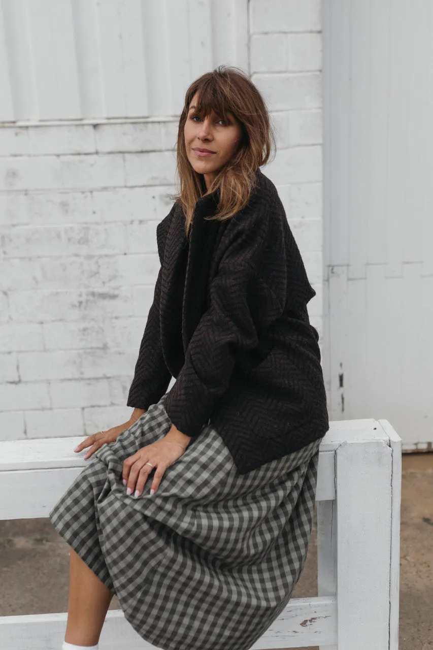 Portuguese Wool Pieper Coat in Black and Brown Herringbone - Pre-Order 12/31