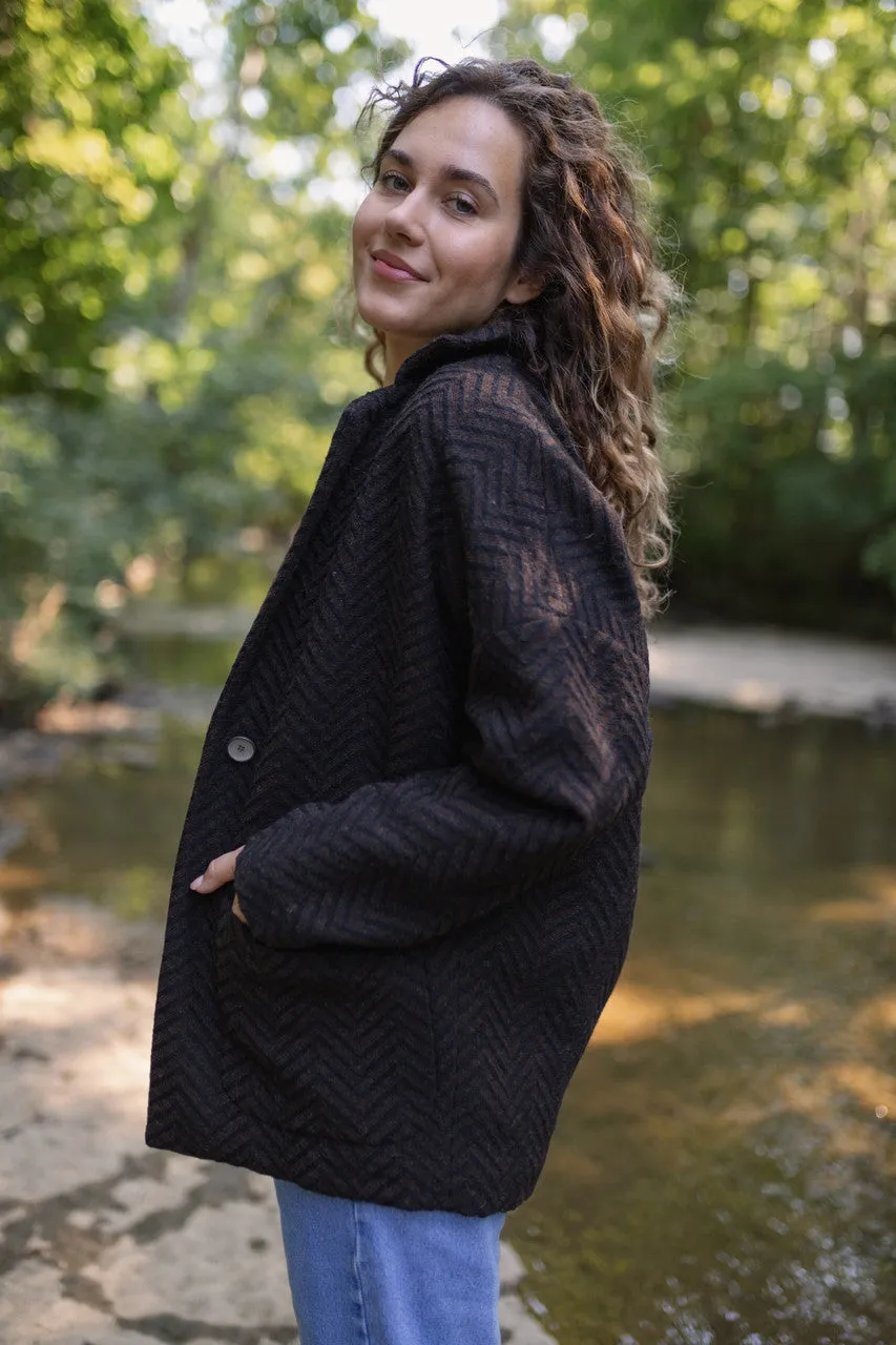 Portuguese Wool Pieper Coat in Black and Brown Herringbone - Pre-Order 12/31