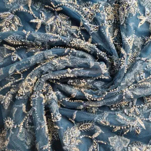 Premium Net Teal Blue Floral CutDana Embroidery Fabric