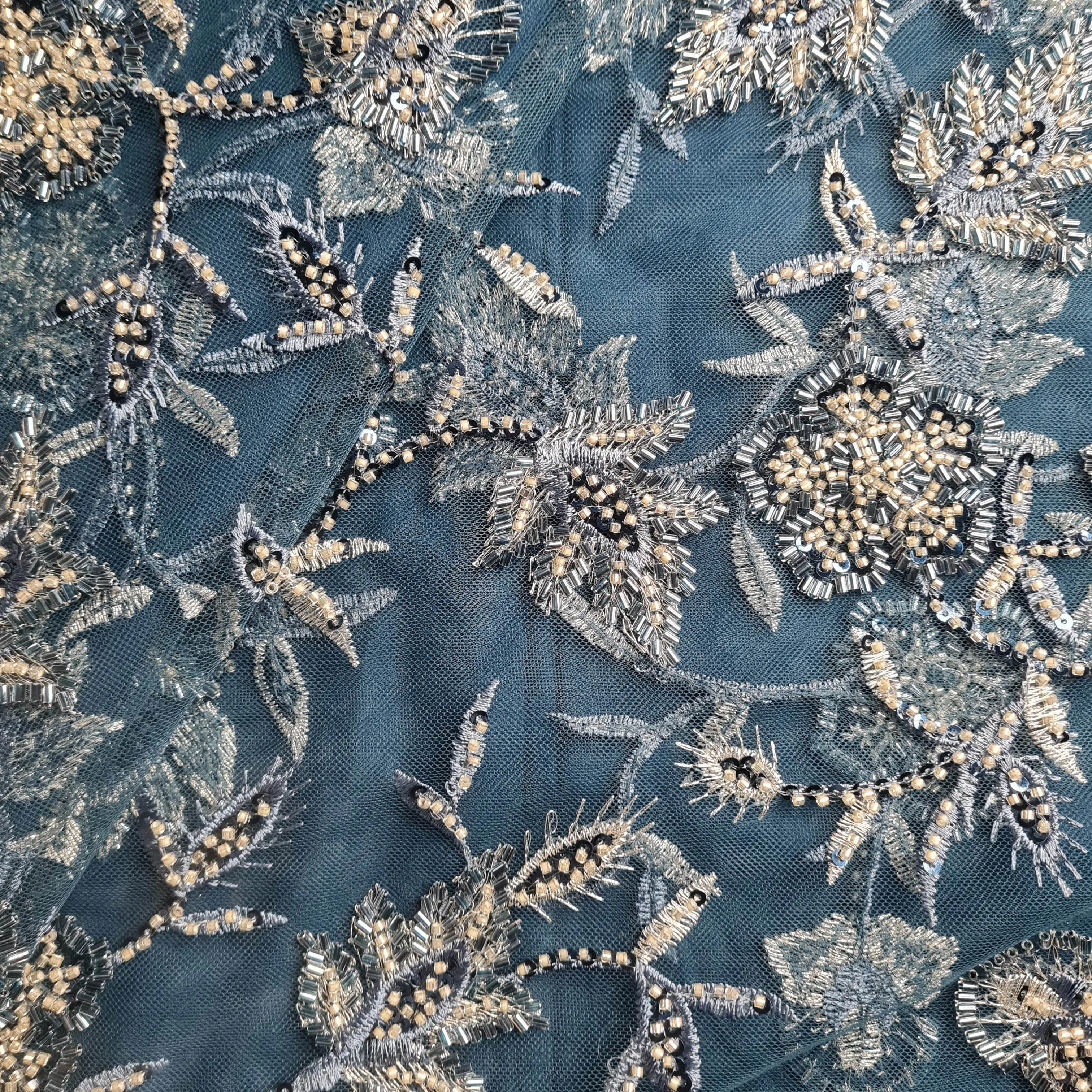 Premium Net Teal Blue Floral CutDana Embroidery Fabric